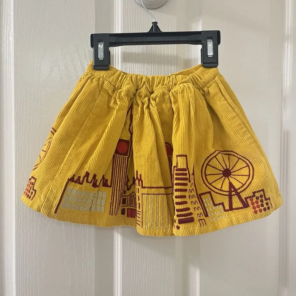 Piccolina Embroidered London Skyline Corduroy Skirt Yellow Girls Size 2T